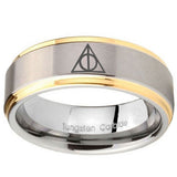 8mm Deathly Hallows Step Edges Gold 2 Tone Tungsten Mens Anniversary Ring