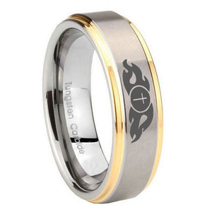 10mm Flamed Cross Step Edges Gold 2 Tone Tungsten Carbide Mens Anniversary Ring