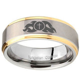 10mm Flamed Cross Step Edges Gold 2 Tone Tungsten Carbide Mens Anniversary Ring