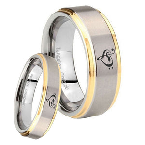 His Hers Music & Heart Step Edges Gold 2 Tone Tungsten Custom Mens Ring Set