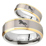 Bride and Groom Horse Step Edges Gold 2 Tone Tungsten Wedding Band Ring Set