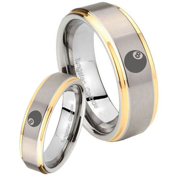 His Hers 8 Ball Step Edges Gold 2 Tone Tungsten Wedding Engagement Ring Set