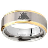 8mm Claddagh Design Step Edges Gold 2 Tone Tungsten Carbide Mens Promise Ring