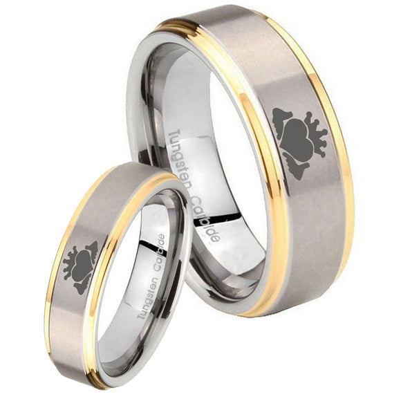 His Hers Claddagh Design Step Edges Gold 2 Tone Tungsten Engraving Ring Set