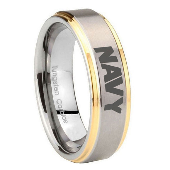 10mm Navy Step Edges Gold 2 Tone Tungsten Carbide Wedding Bands Ring