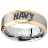 8mm Navy Step Edges Gold 2 Tone Tungsten Carbide Wedding Engagement Ring