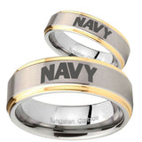 Bride and Groom Navy Step Edges Gold 2 Tone Tungsten Men's Promise Rings Set