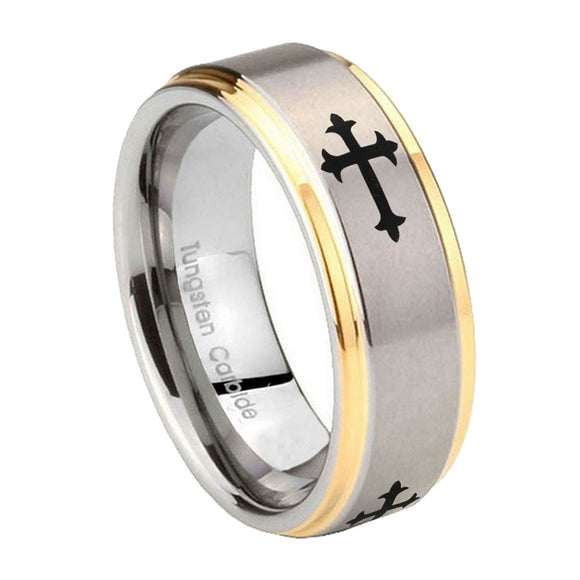 8mm Christian Cross Religious Step Edges Gold 2 Tone Tungsten Carbide Custom Mens Ring