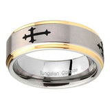 8mm Christian Cross Religious Step Edges Gold 2 Tone Tungsten Carbide Custom Mens Ring