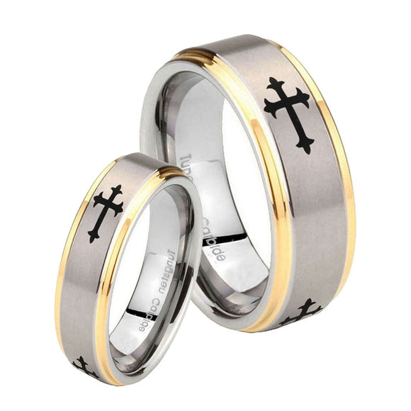 His Hers Christian Cross Religious Step Edges Gold 2 Tone Tungsten Engraving Ring Set