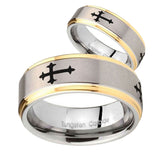 His Hers Christian Cross Religious Step Edges Gold 2 Tone Tungsten Engraving Ring Set
