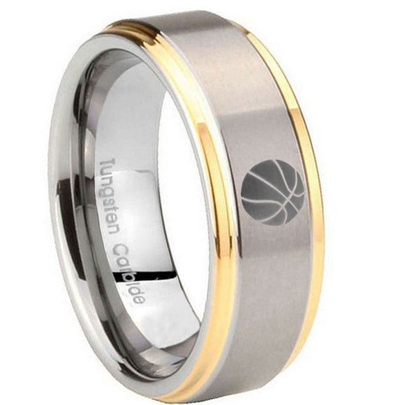 8mm Basketball Step Edges Gold 2 Tone Tungsten Carbide Mens Engagement Band