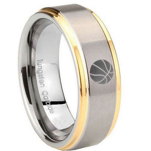 10mm Basketball Step Edges Gold 2 Tone Tungsten Carbide Men's Bands Ring