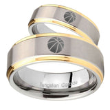 His and Hers Basketball Step Edges Gold 2 Tone Tungsten Men's Band Ring Set