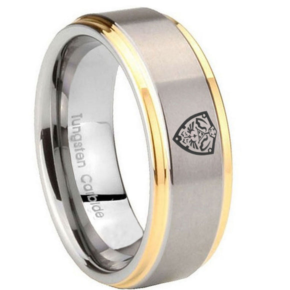 8mm Zelda Hylian Shield Step Edges Gold 2 Tone Tungsten Mens Ring Engraved