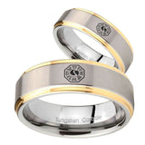 Bride and Groom Lost Dharma Step Edges Gold 2 Tone Tungsten Mens Ring Set