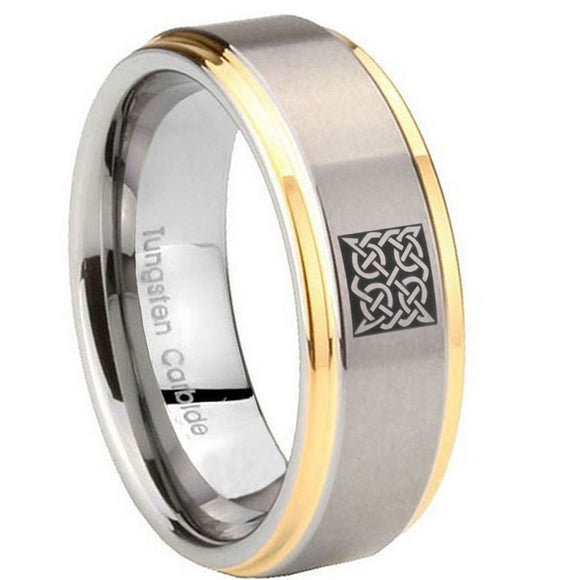 10mm Celtic Design Step Edges Gold 2 Tone Tungsten Carbide Mens Engagement Ring
