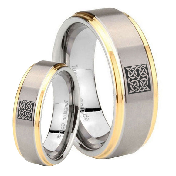 His Hers Celtic Design Step Edges Gold 2 Tone Tungsten Mens Engagement Band Set