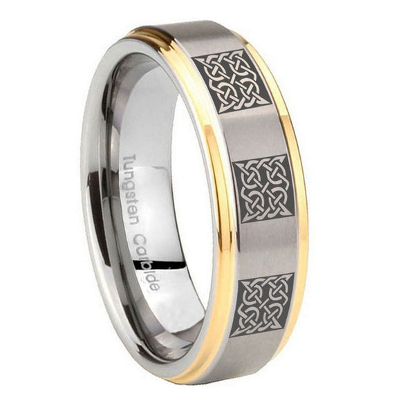 8mm Multiple Celtic Step Edges Gold 2 Tone Tungsten Carbide Mens Promise Ring