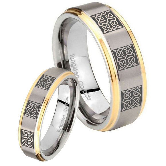 His Hers Multiple Celtic Step Edges Gold 2 Tone Tungsten Men's Band Set