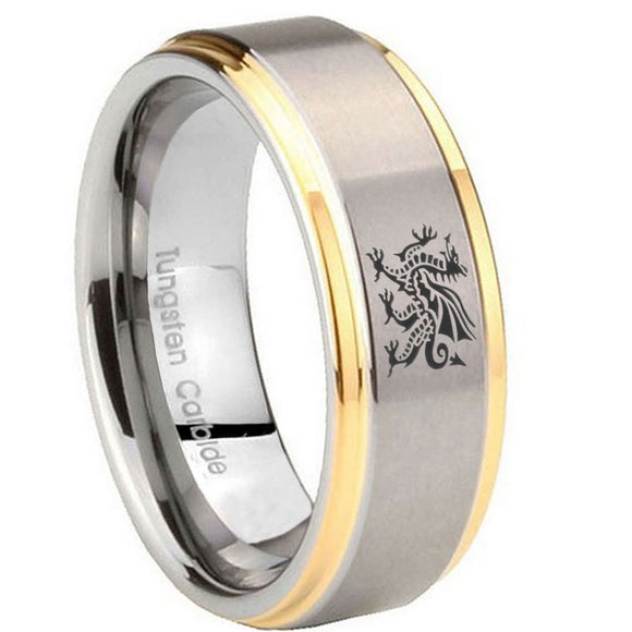 8mm Dragon Step Edges Gold 2 Tone Tungsten Carbide Men's Wedding Band