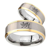 Bride and Groom Dragon Step Edges Gold 2 Tone Tungsten Mens Ring Engraved Set