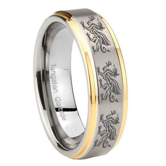 8mm Multiple Dragon Step Edges Gold 2 Tone Tungsten Carbide Engraved Ring