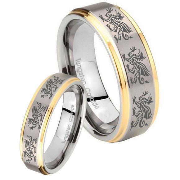 His Hers Multiple Dragon Step Edges Gold 2 Tone Tungsten Mens Wedding Ring Set