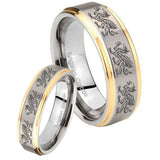 His Hers Multiple Dragon Step Edges Gold 2 Tone Tungsten Mens Wedding Ring Set