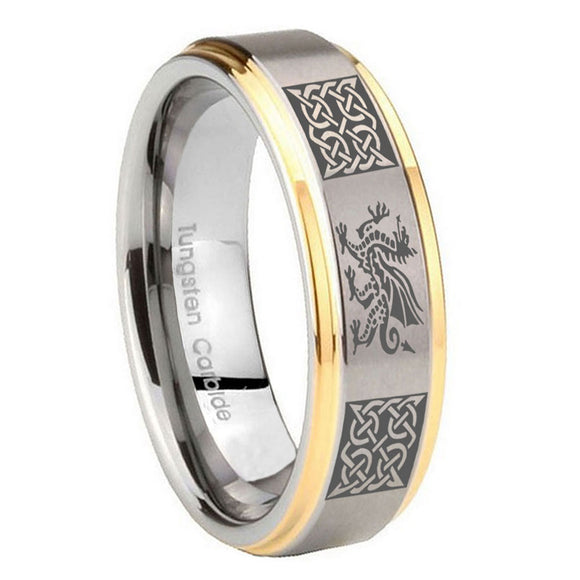 8mm Multiple Dragon Celtic Step Edges Gold 2 Tone Tungsten Mens Anniversary Ring