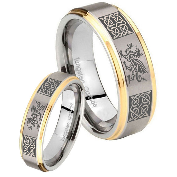 His Hers Multiple Dragon Celtic Step Edges Gold 2 Tone Tungsten Men Ring Set
