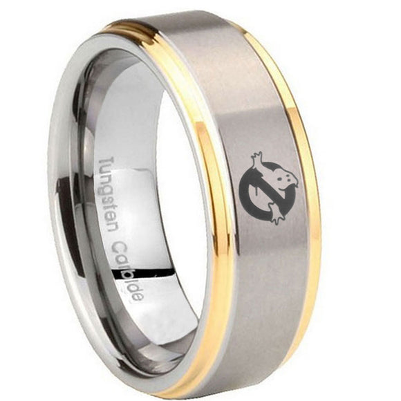 8mm Ghostbusters Step Edges Gold 2 Tone Tungsten Carbide Mens Wedding Ring