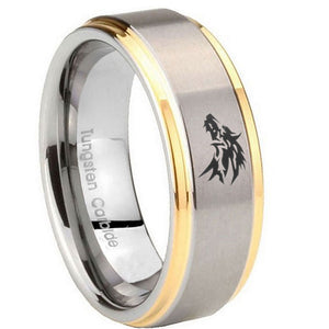 10mm Wolf Step Edges Gold 2 Tone Tungsten Carbide Mens Wedding Ring