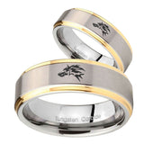 Bride and Groom Wolf Step Edges Gold 2 Tone Tungsten Mens Wedding Band Set