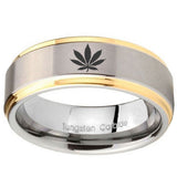 8mm Marijuana Leaf Step Edges Gold 2 Tone Tungsten Carbide Men's Wedding Ring