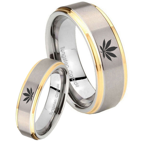 His Hers Marijuana Leaf Step Edges Gold 2 Tone Tungsten Mens Bands Ring Set