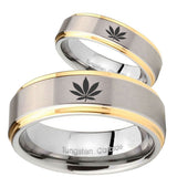 His Hers Marijuana Leaf Step Edges Gold 2 Tone Tungsten Mens Bands Ring Set