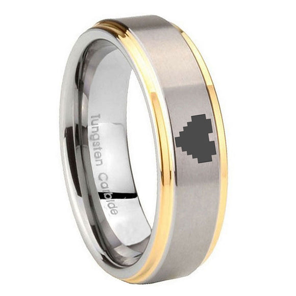8MM Step Edges Zelda Heart 14K Gold IP Tungsten 2 Tone Laser Engraved Ring