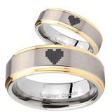 His Hers Step Edge Zelda Heart 14K Gold 2 Tone Tungsten Wedding Rings Set