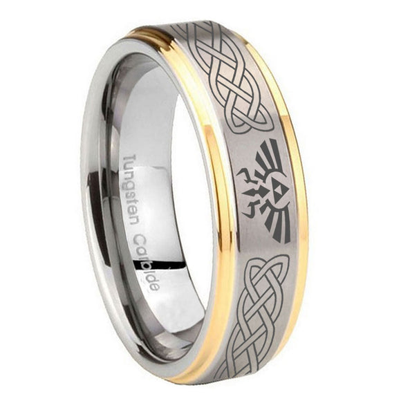10mm Celtic Zelda Step Edges Gold 2 Tone Tungsten Carbide Men's Wedding Ring