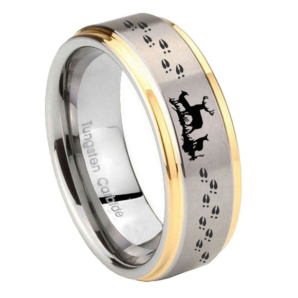 8mm Deer Hunting Step Edges Gold 2 Tone Tungsten Carbide Custom Mens Ring