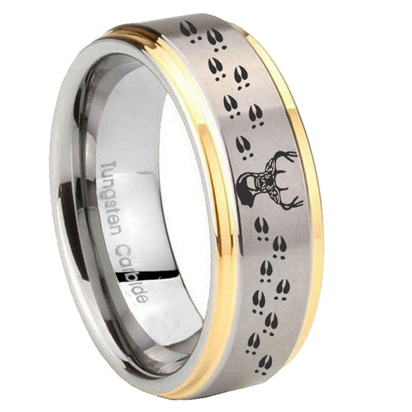 8mm Deer Antler Step Edges Gold 2 Tone Tungsten Carbide Custom Mens Ring