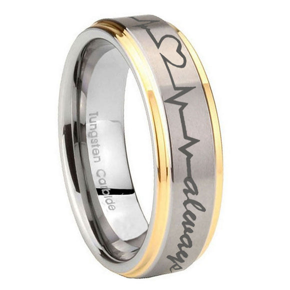 8mm Heart Beat forever Heart always Step Edges Gold 2 Tone Tungsten Mens Ring