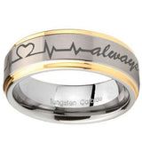 8mm Heart Beat forever Heart always Step Edges Gold 2 Tone Tungsten Mens Ring