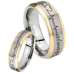 His Hers Heart Beat forever Heart always Step Edges Gold 2 Tone Tungsten Men's Band Set