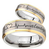 His Hers Heart Beat forever Heart always Step Edges Gold 2 Tone Tungsten Men's Band Set