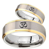 His Hers Om Aum Yoga  Step Edges Gold 2 Tone Tungsten Mens Engagement Ring Set