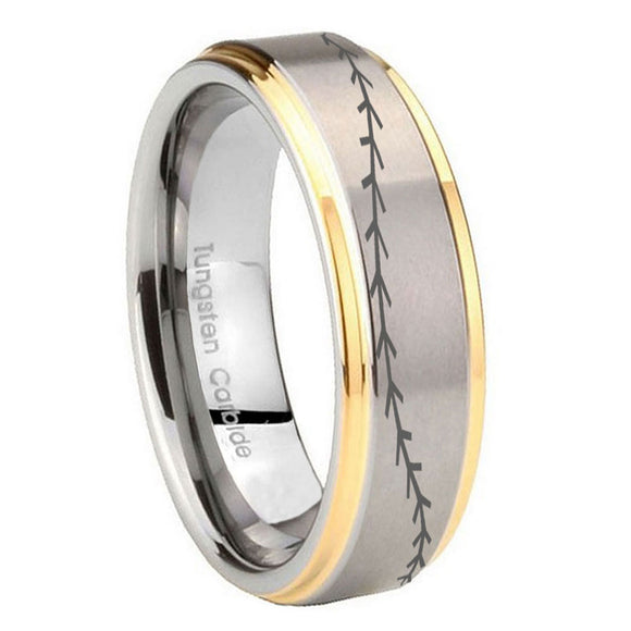 8mm Baseball Stitch Step Edges Gold 2 Tone Tungsten Carbide Wedding Band Ring