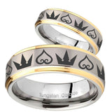 His Hers Hearts and Crowns Step Edges Gold 2 Tone Tungsten Mens Promise Ring Set