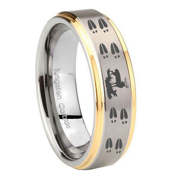 8mm Deer Hunting Tracks Step Edges Gold 2 Tone Tungsten Custom Mens Ring